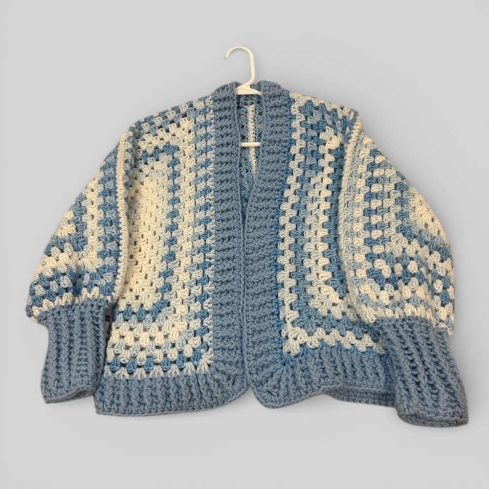 Vintage Crochet Hexagon handmade baby blue cardigan balloon sleeves one size